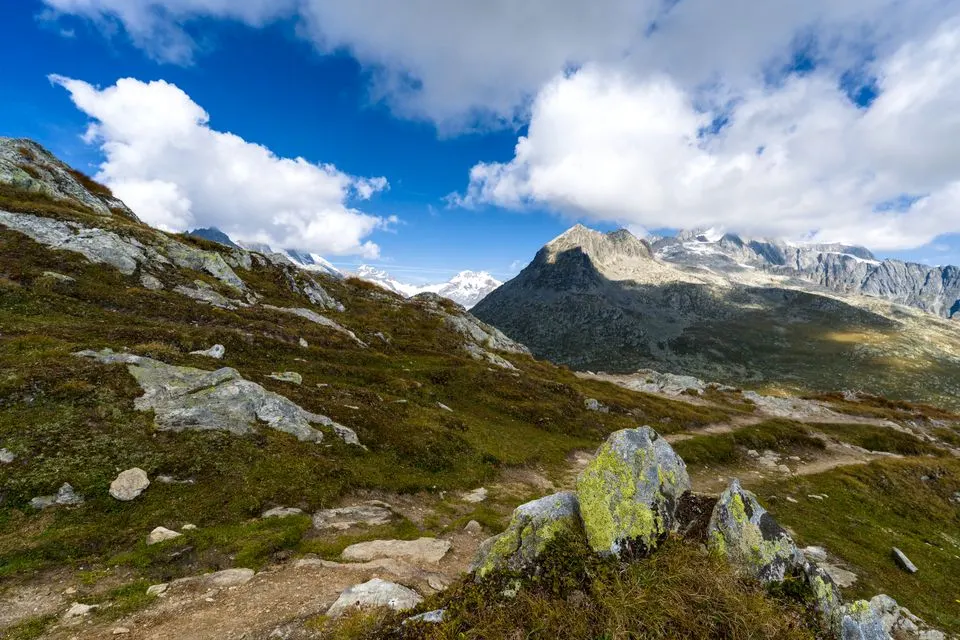 No. 1 Rhone Route — A breathtaking view of the Swiss Alps with rocky terrain and lush greenery under a bright blue sky.