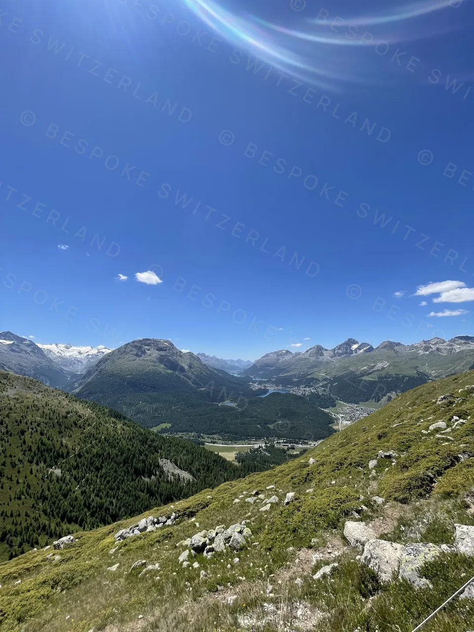 Muottas Muragl funicular — On the path above Muottas Muragl in July