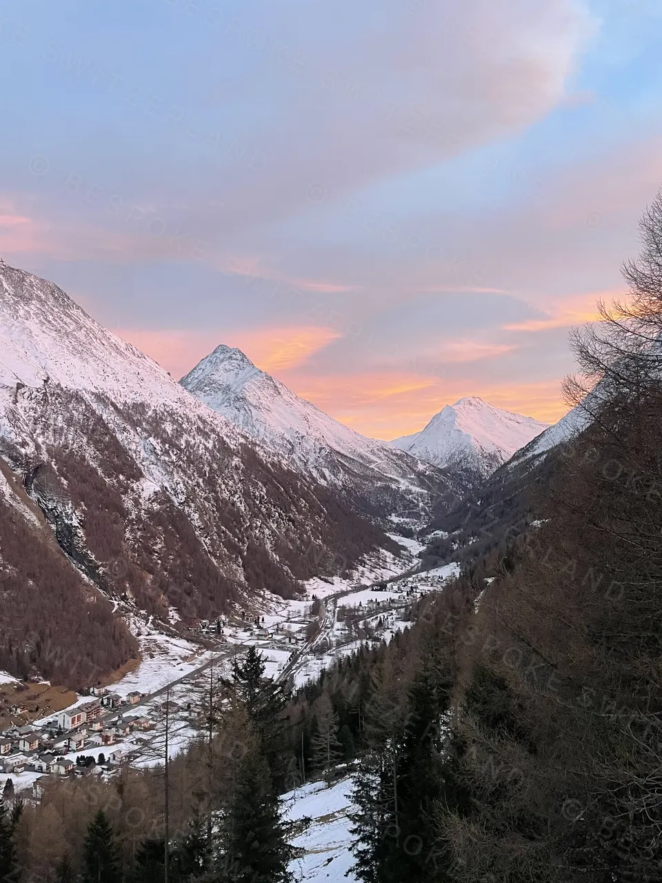 The Saas valley at dusk, Saas-Fee below