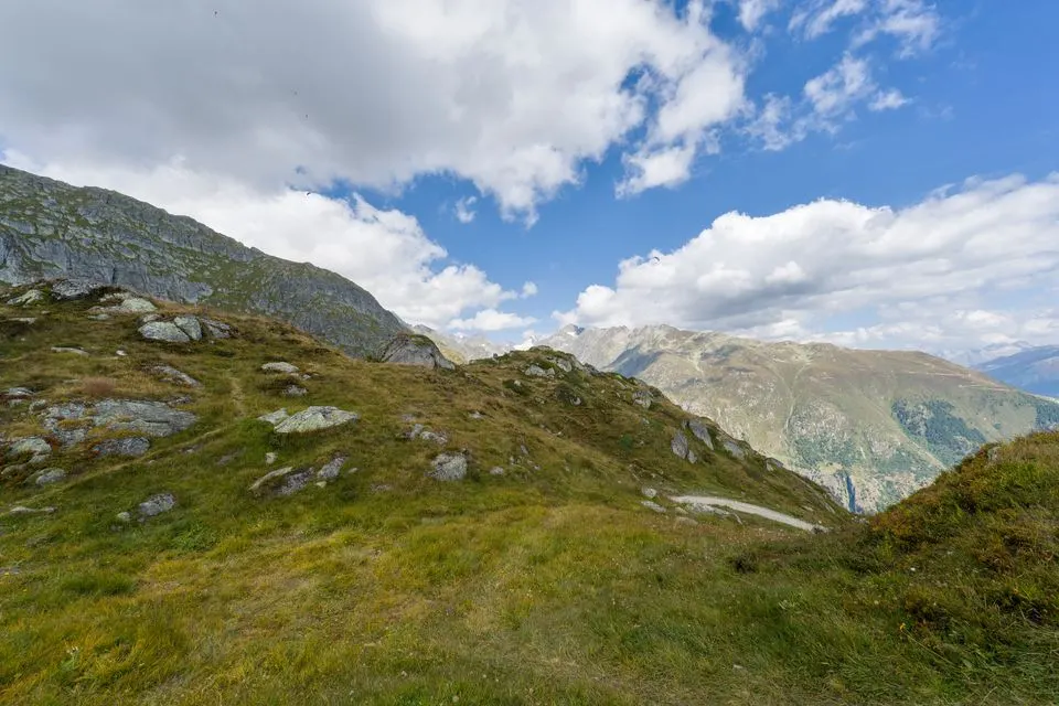 The Capra — Breathtaking view of the Swiss Alps with lush green hills and a clear blue sky.