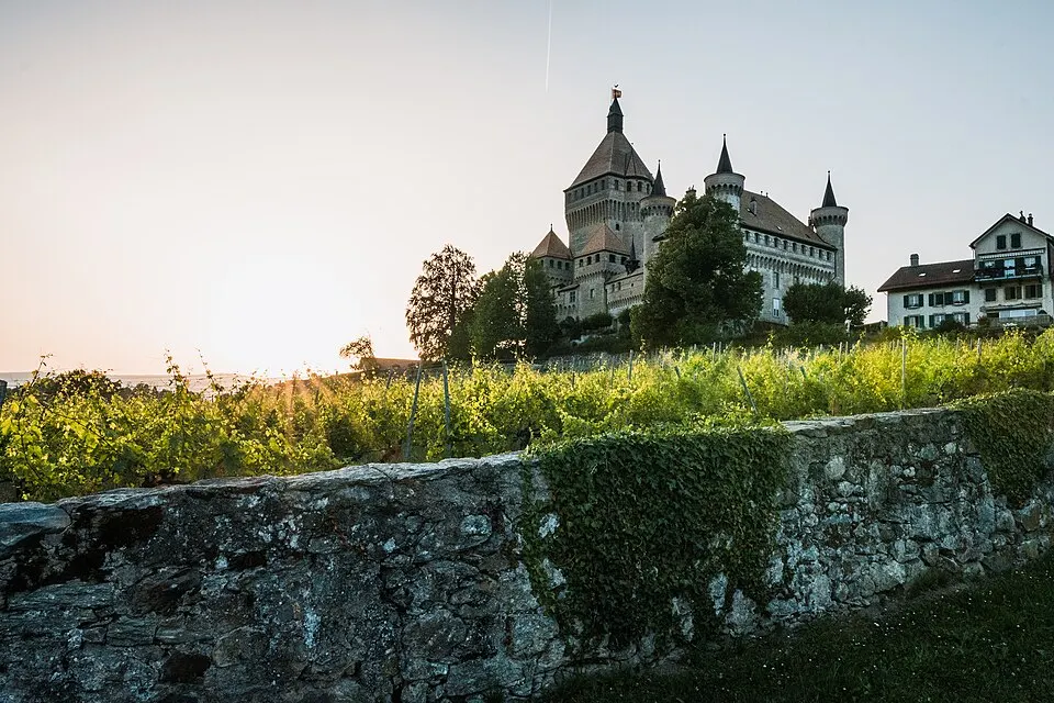 Vufflens Castle in Morges at sunset