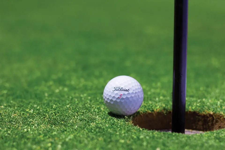 Wellnesshotel Golf Panorama — Close-up of a golf ball near a hole on a vibrant golf green, capturing the moment of near success.