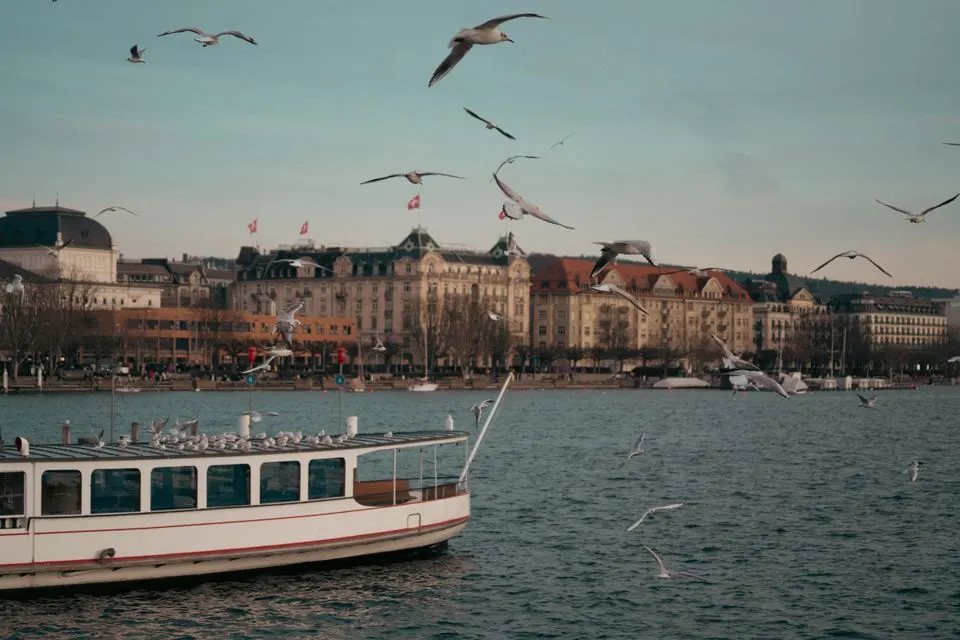 Zurich Film Festival — Scenic view of a boat on a lake with seagulls flying overhead, cityscape in the background.
